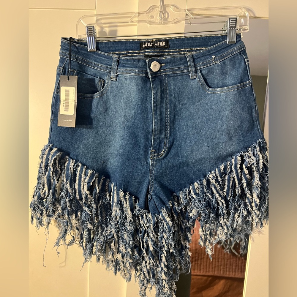 JEAN FRINGE SHORTS DARK BLUE (STRETCH)